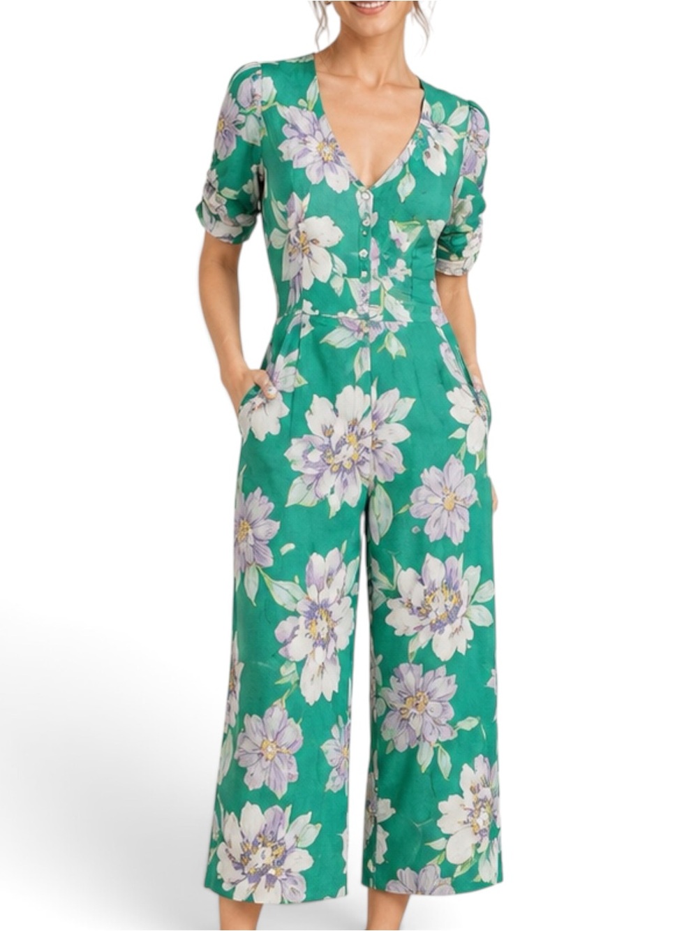 Yumi Kim Anthropologie Belmont Jumpsuit XL Emerald Floral Wide Leg NWT $228